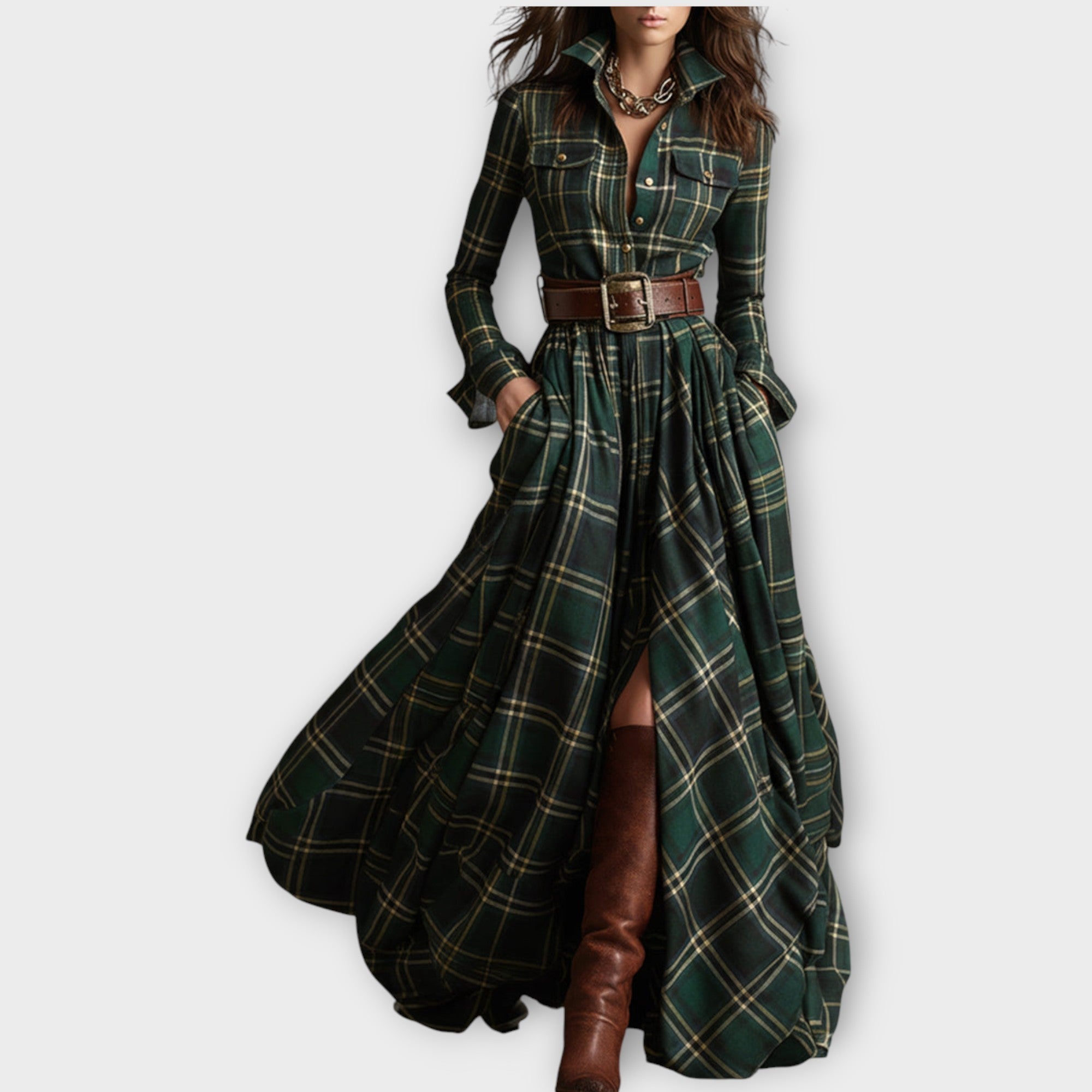 Nora | Plaid Maxi Dress with Button-Down Collar