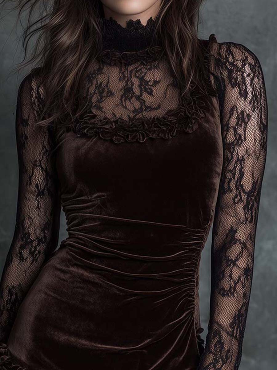 Elmont | Espresso Velvet Lace Pleated Mini Dress