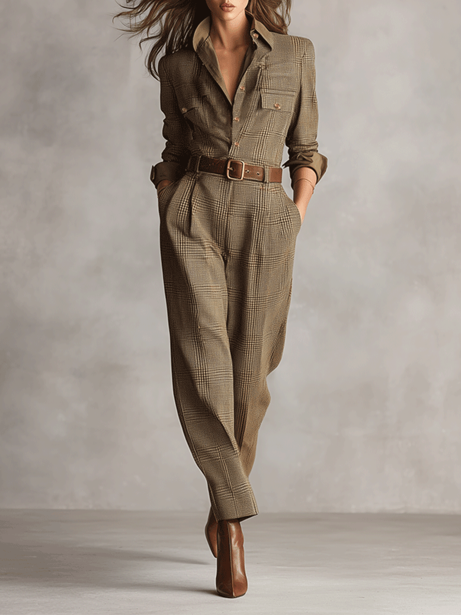 Elmont | Brown Checkered Belted Wide-Leg Jumpsuit