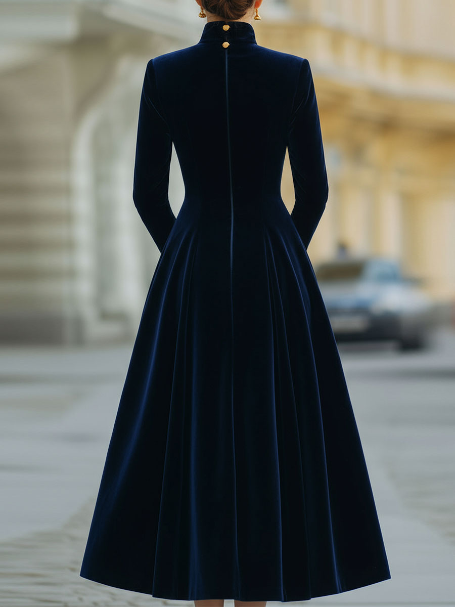 Elmont | Velvet A-Line Dress with Gold Buttons