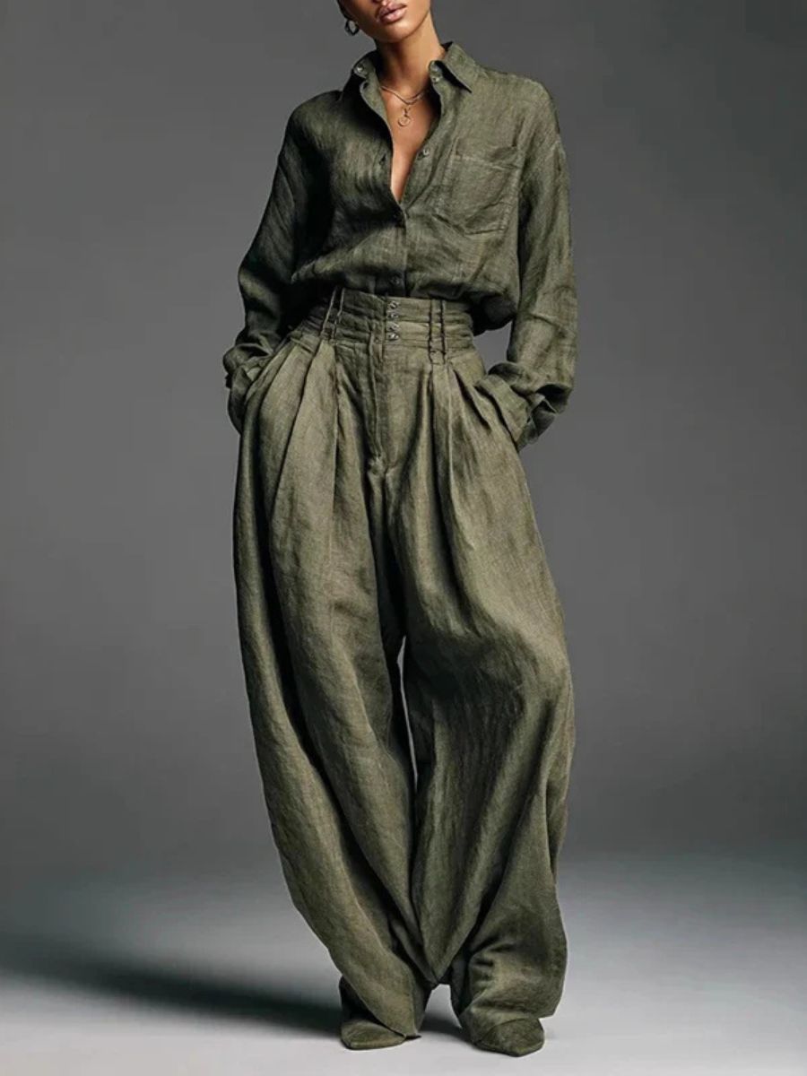 Elmont | Linen-Blend Lapel Shirt & High-Waist Wide-Leg Pants Set