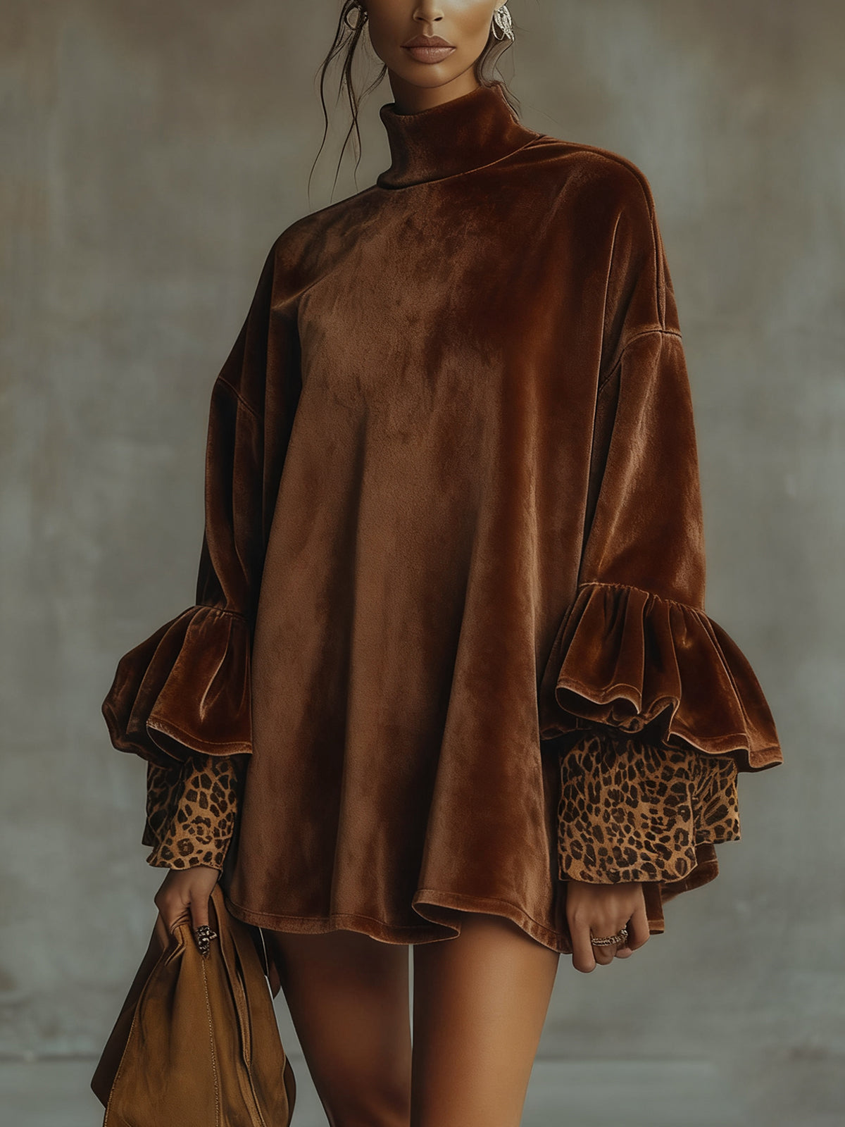 Elmont | Velvet Mini Dress with Flounce Sleeves and Leopard-Print Cuffs