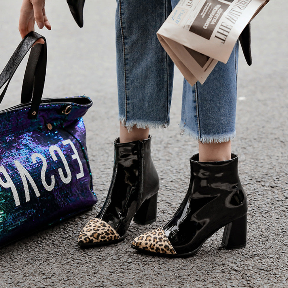 Elmont | Shiny Animal-Print Toe Ankle Boots with Wide Heel