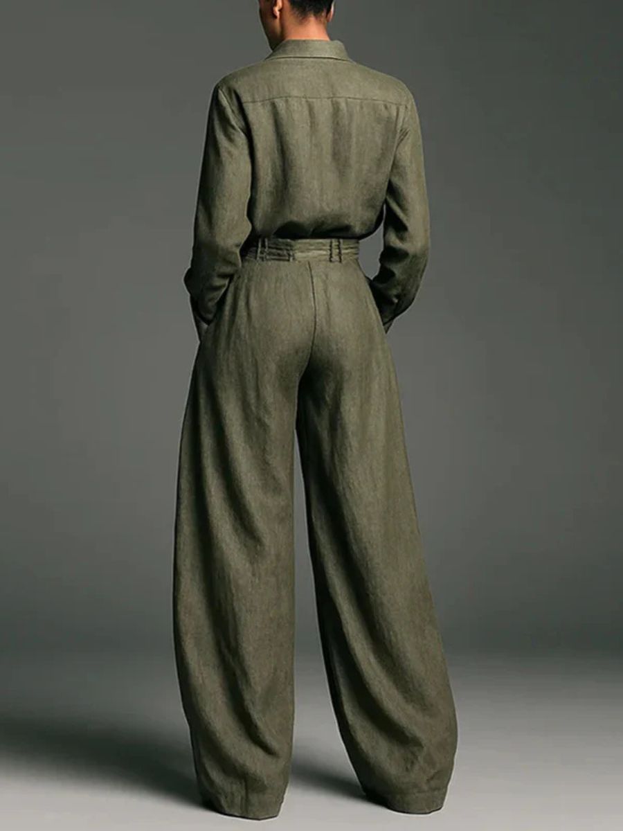 Elmont | Linen-Blend Long-Sleeve Lapel Shirt & High-Waist Wide-Leg Pants Set