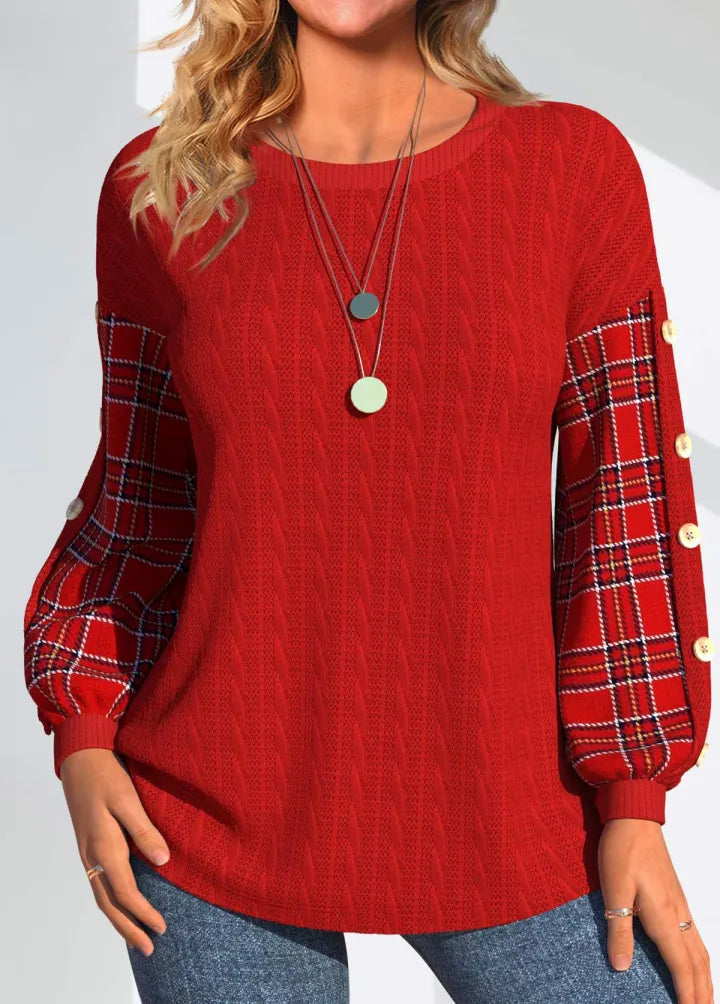 Elmont | Red Waffle-Knit Sweater with Checked Sleeves