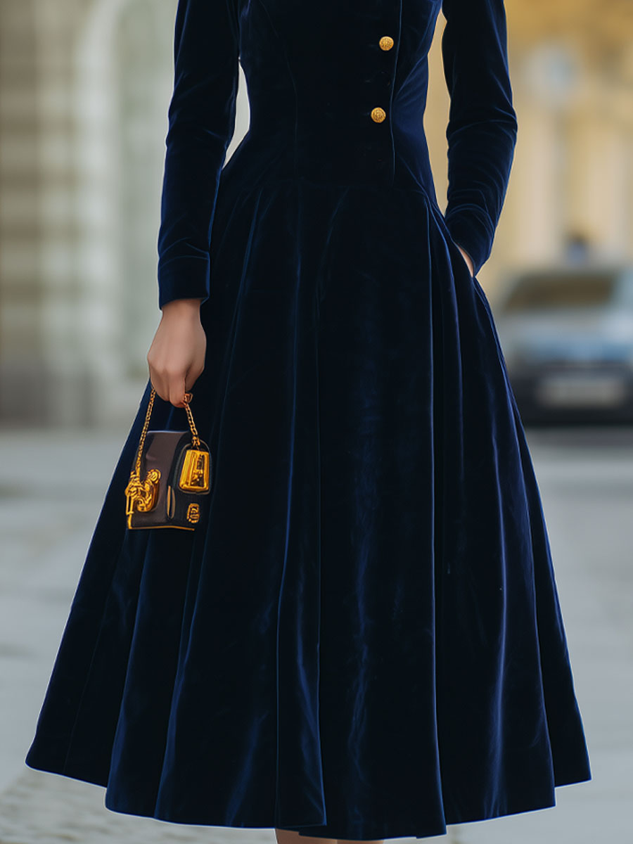 Elmont | Velvet A-Line Dress with Gold Buttons