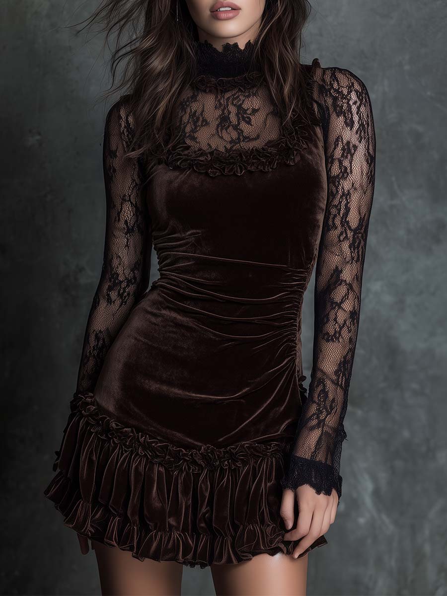 Elmont | Espresso Velvet Lace Pleated Mini Dress