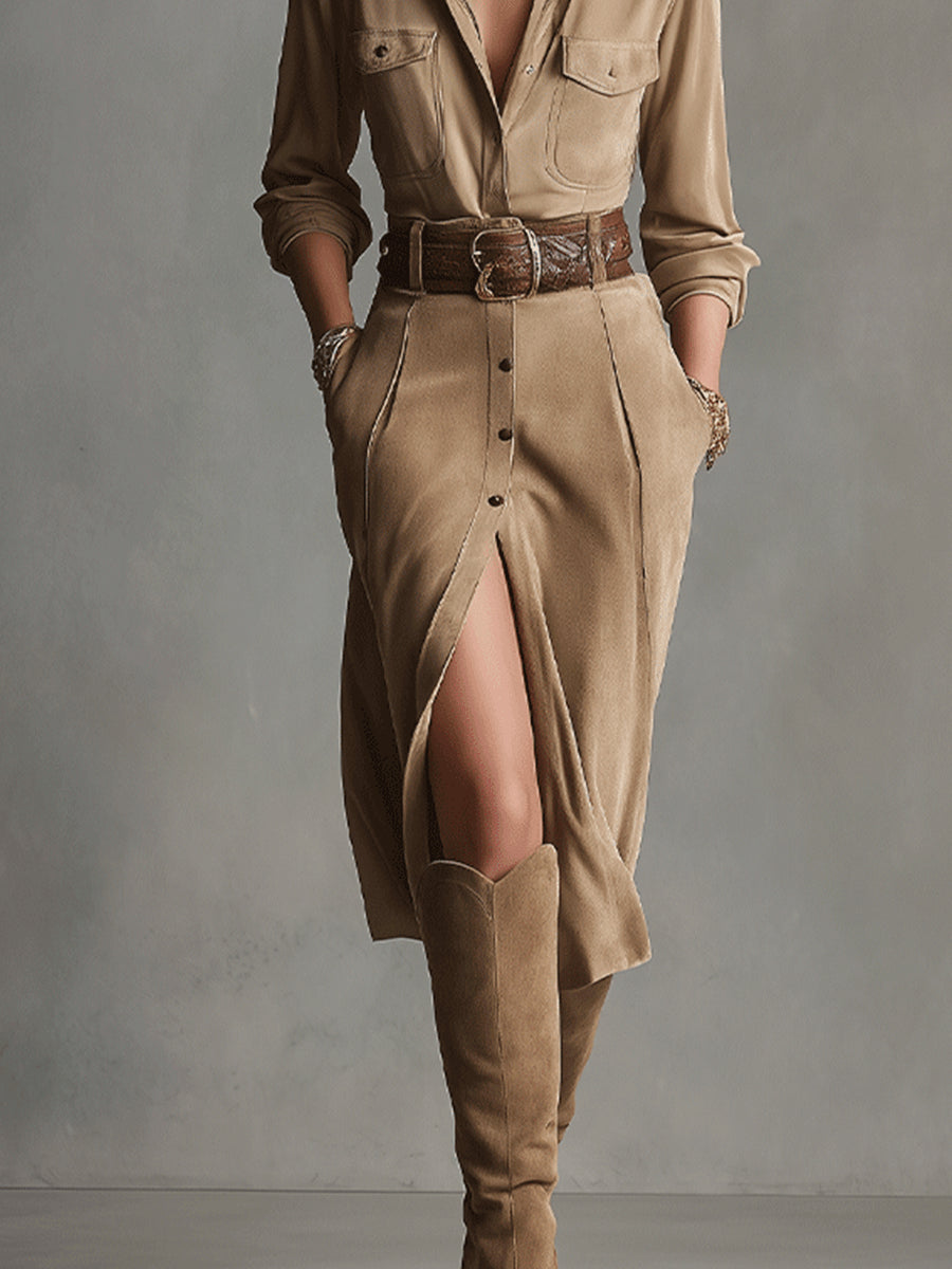 Elmont | Brown Suede V-Neck Long-Sleeve Midi Dress