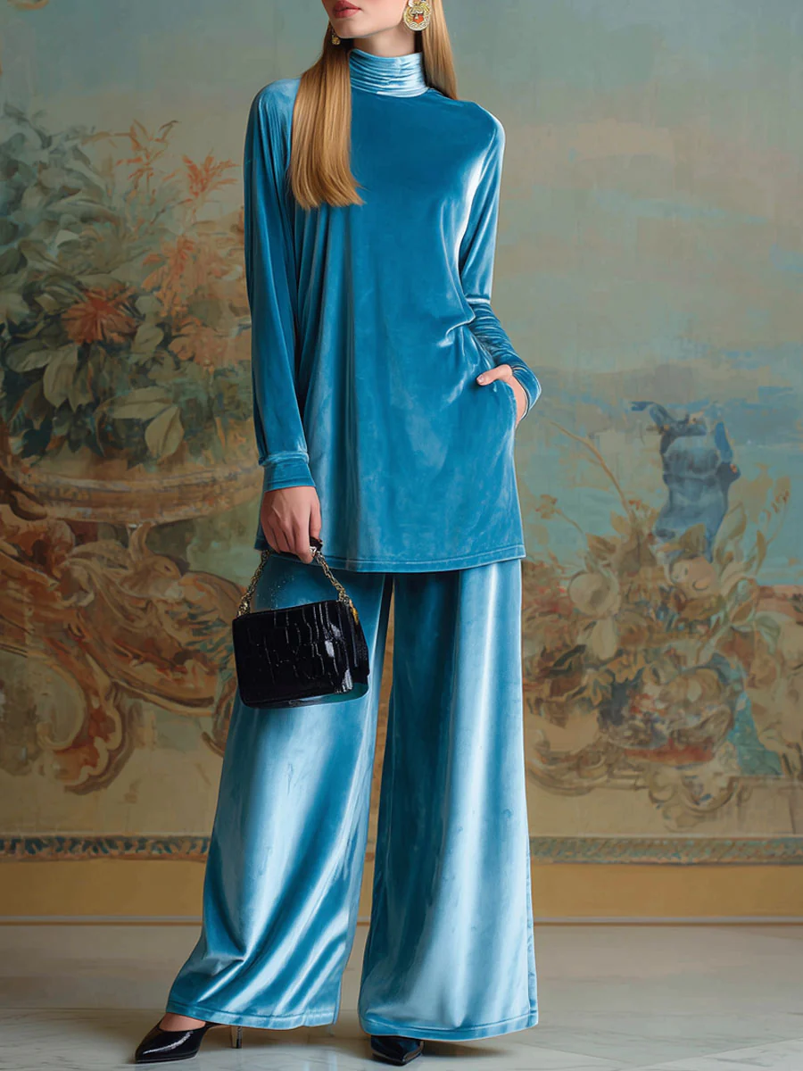 Elmont | Blue Velvet High-Neck Two-Piece Set