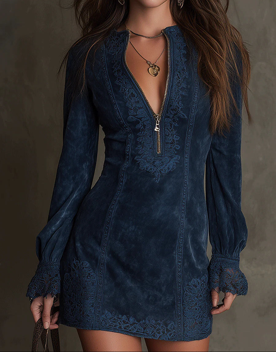 Elmont | Blue Long-Sleeve Lace Mini Dress