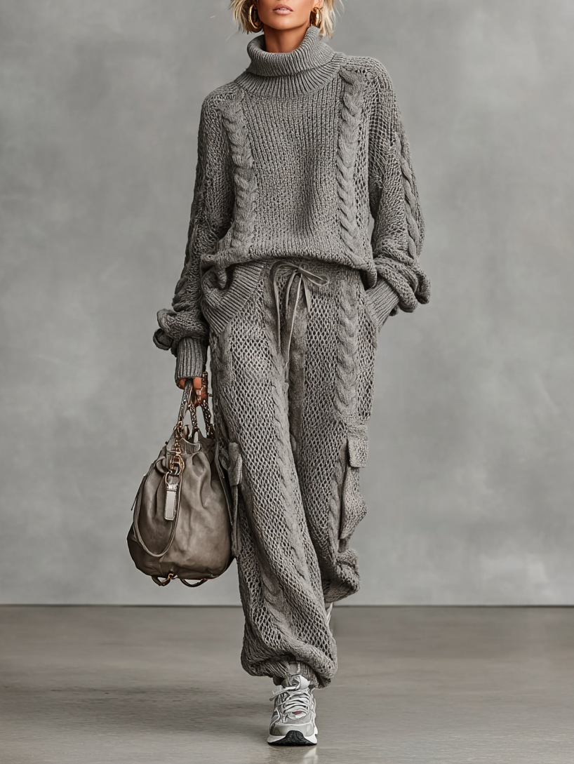 Elmont | Women's Cable Knit Turtleneck Sweater & Cargo Pants Set