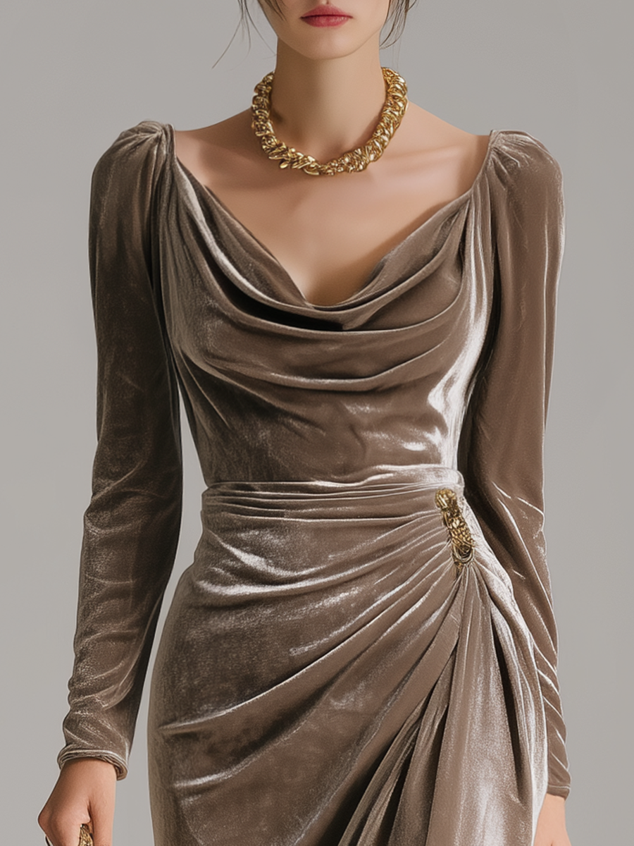 Elmont | Velvet Draped Long-Sleeve Midi Dress