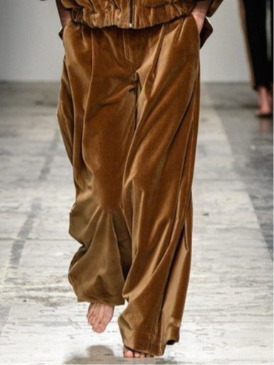 Elmont | Brown Velvet Zip-Up Hoodie and Pants Set