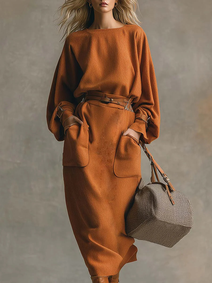 Elmont | Orange Suede Crew-Neck Top & Pocket Maxi Skirt Set