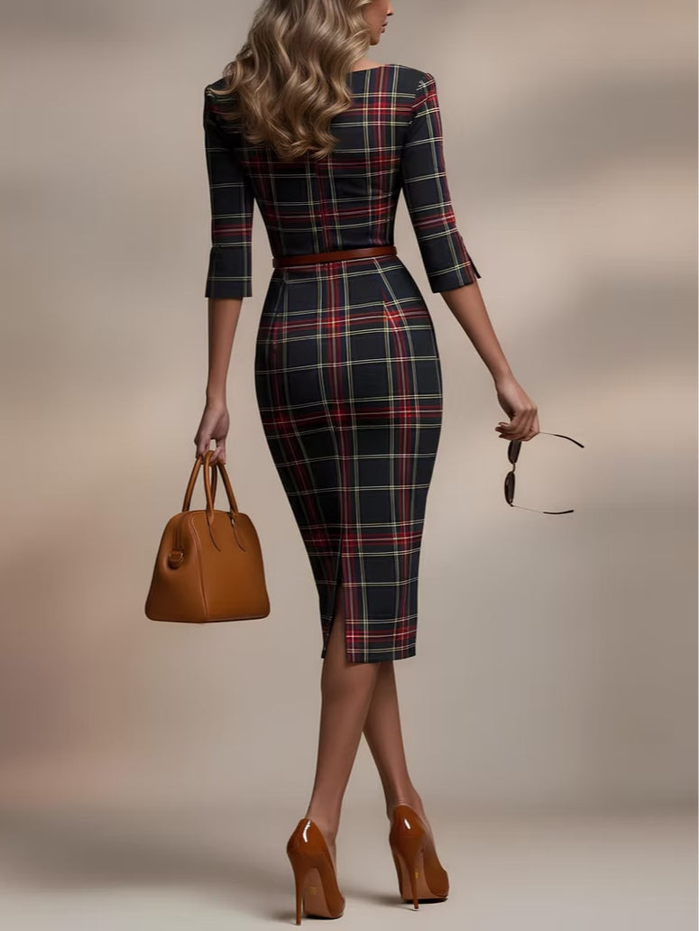 Elmont | Three-Quarter Sleeve Boat Neck Midi Dress