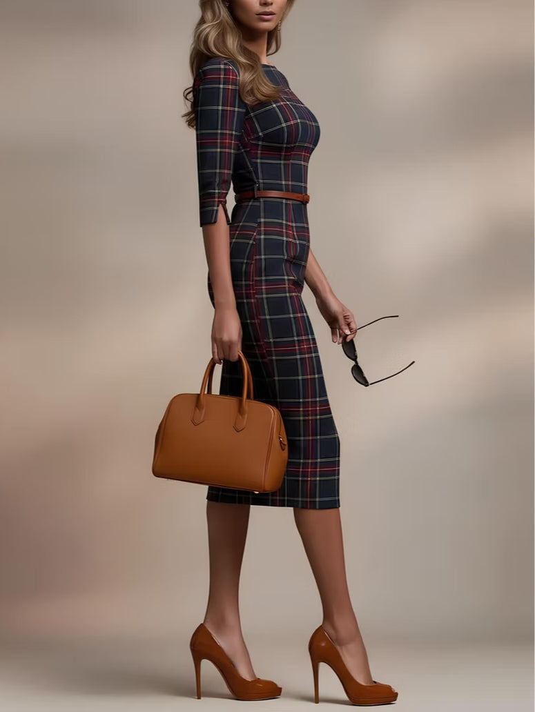 Elmont | Three-Quarter Sleeve Boat Neck Midi Dress