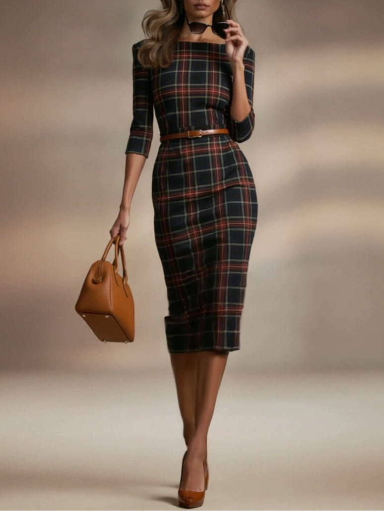 Elmont | Three-Quarter Sleeve Boat Neck Midi Dress