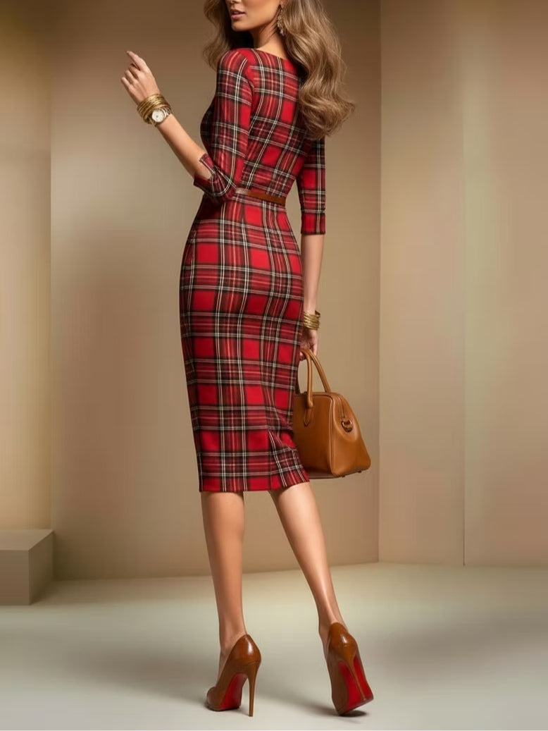 Elmont | Red Plaid Belted Three-Quarter Sleeve Midi Dress