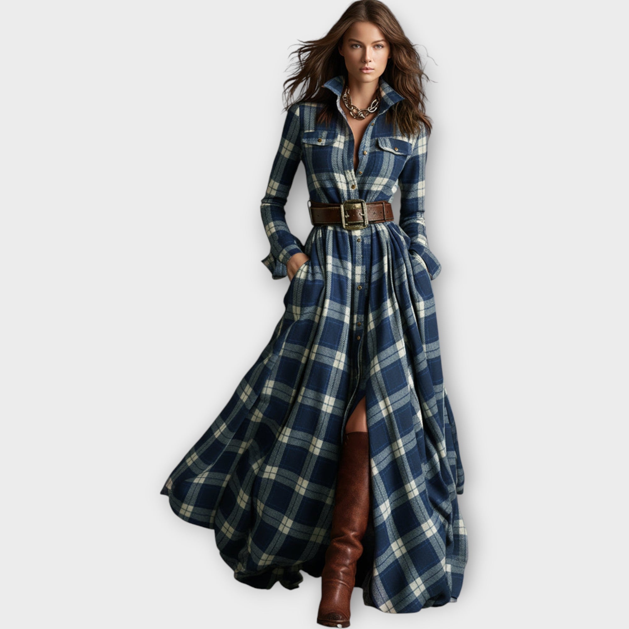 Nora | Plaid Maxi Dress with Button-Down Collar