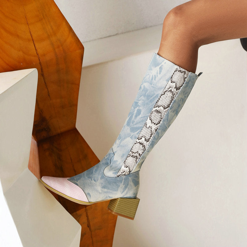 Elmont | Heeled Denim Boots with Snakeskin Detail