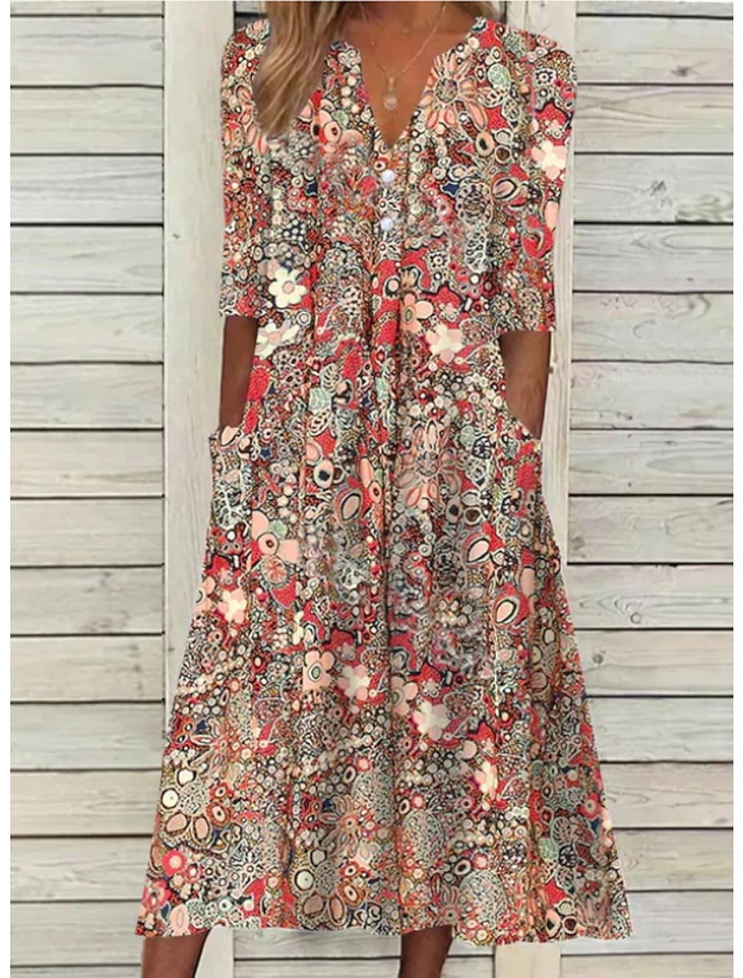 Sarah | Printed V-Neck Midi Dress with Pockets