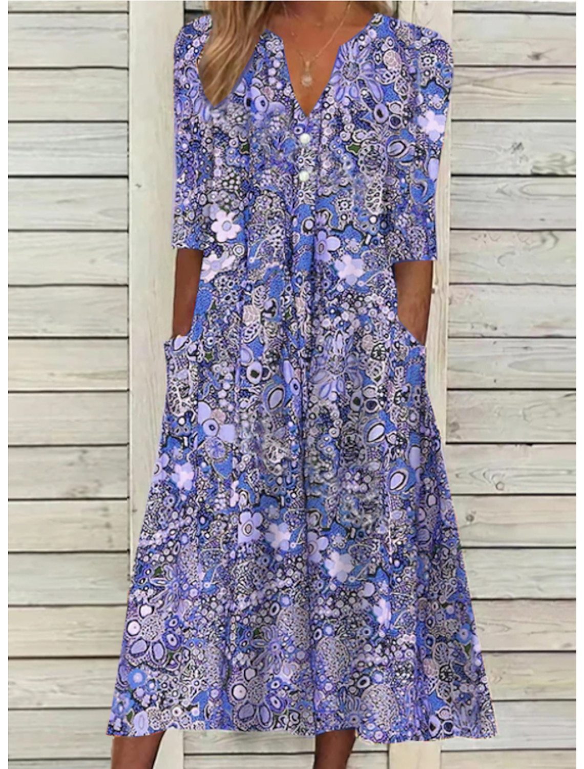 Maya | Printed V-Neck Midi Dress with Pockets