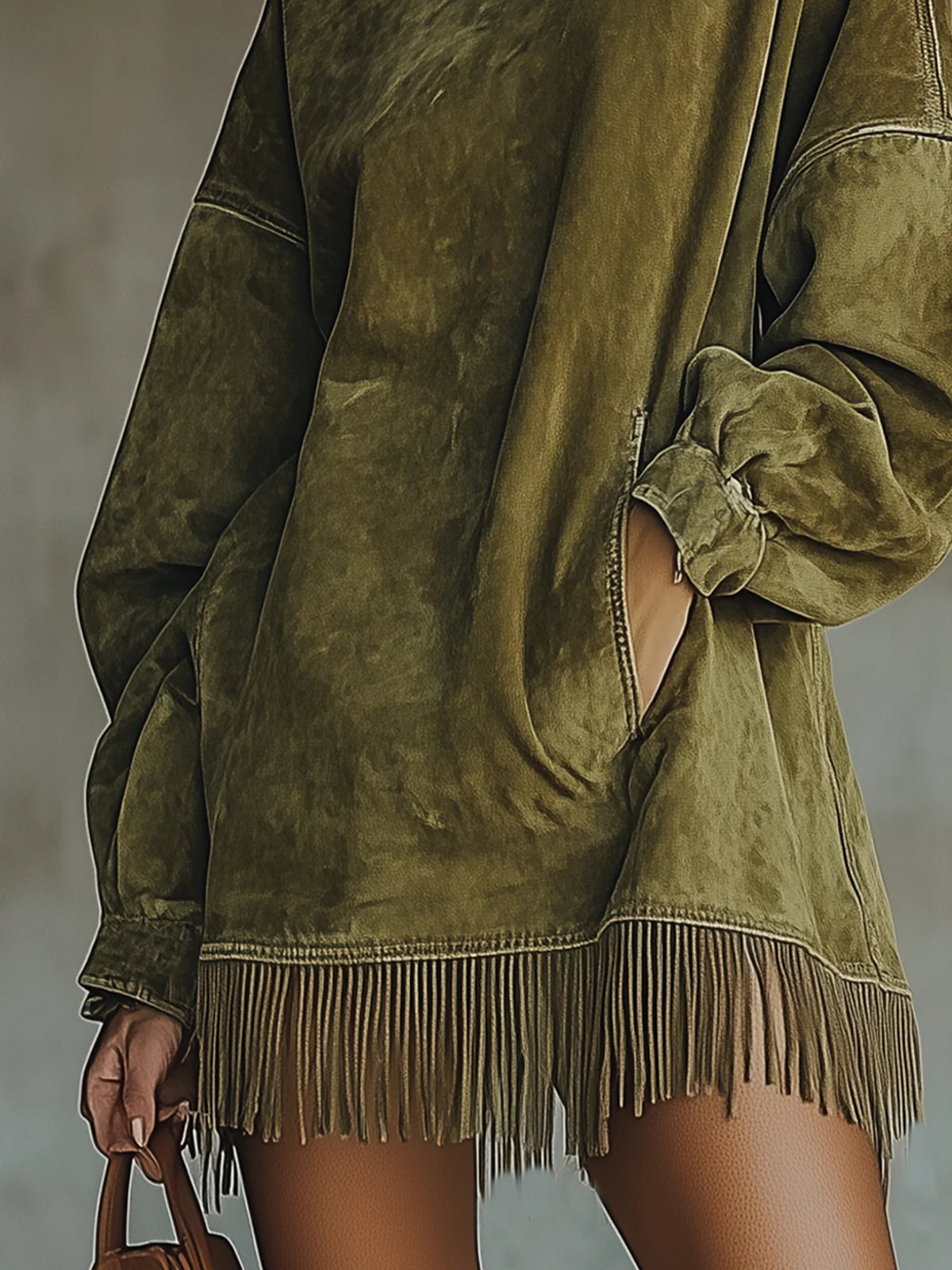 Elmont | Faux Suede High-Neck Fringe Dress