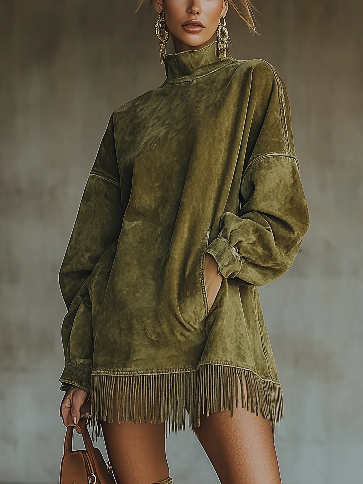 Elmont | Faux Suede High‑Neck Fringe Dress