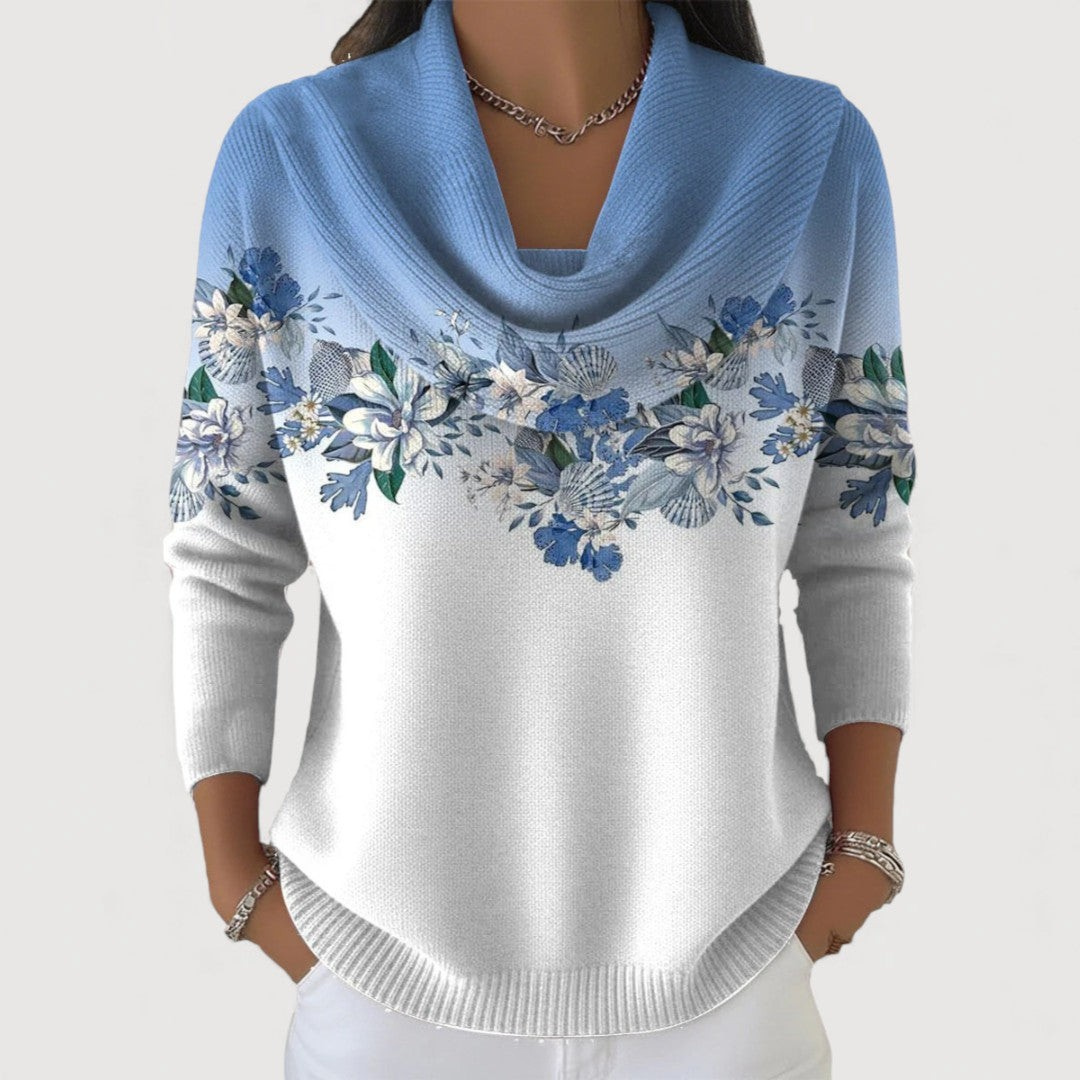 Elmont | Floral Knit Sweater with Draped Neckline