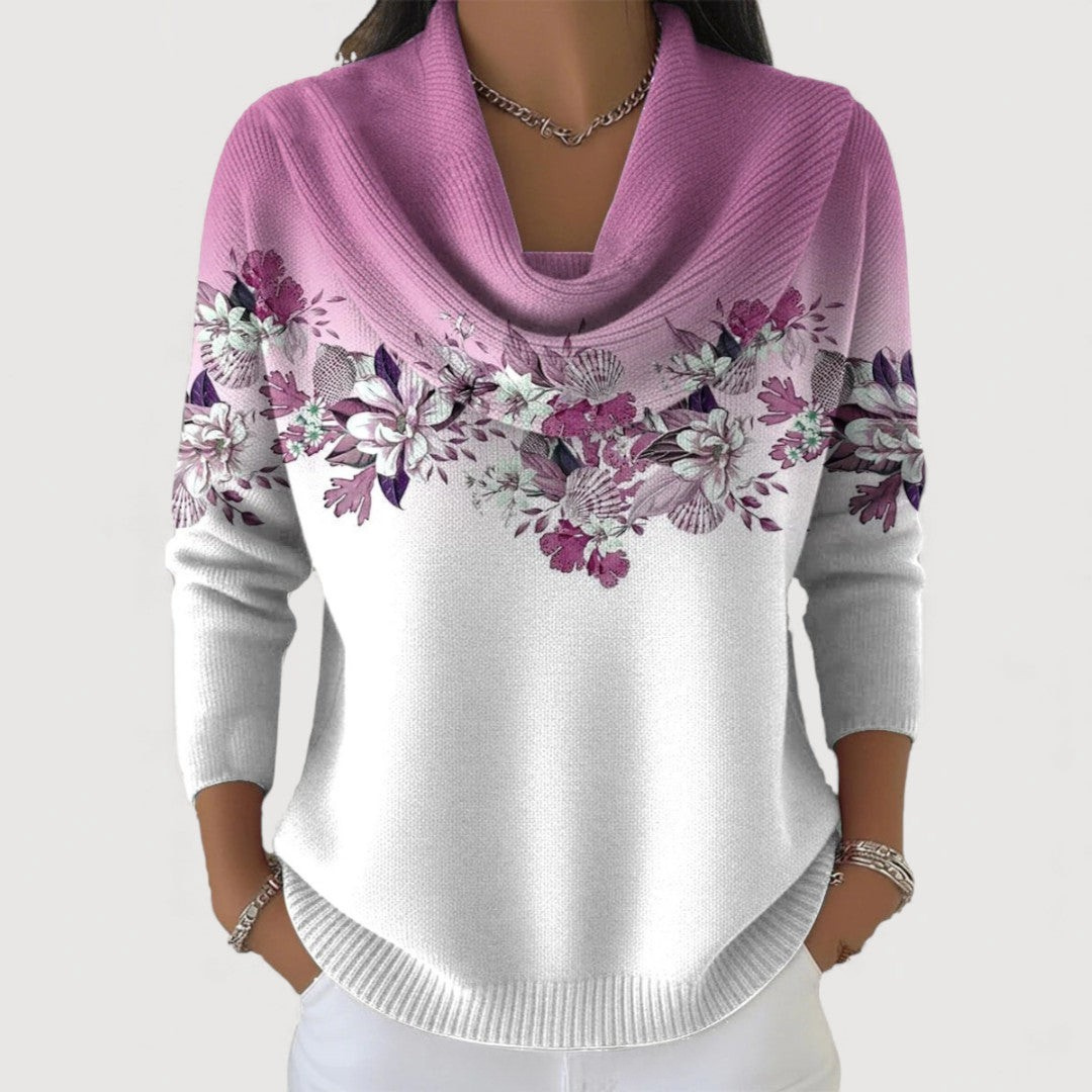 Elmont | Floral Knit Sweater with Draped Neckline