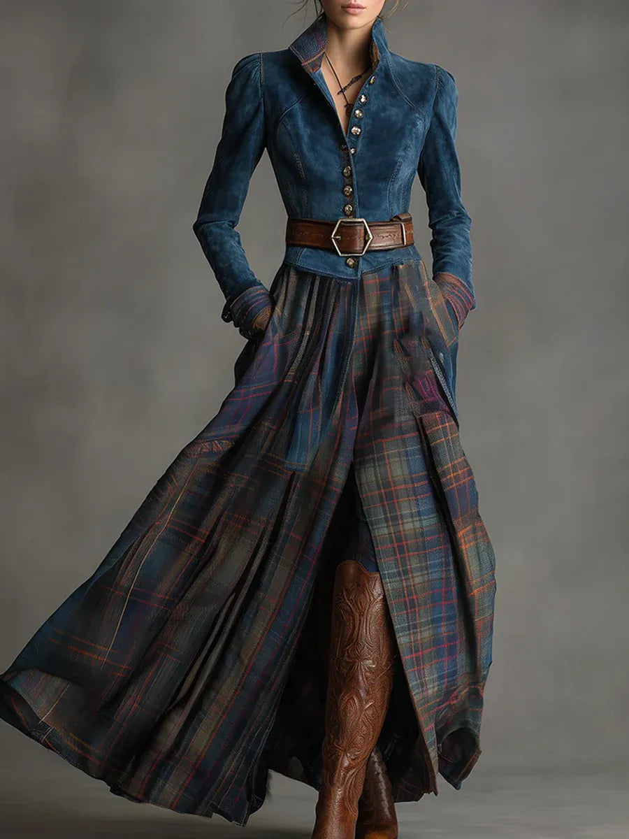 Elmont | Blue Plaid Faux Suede Maxi Dress with Belt