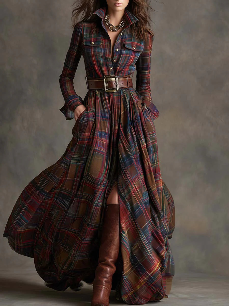 Elmont | Belted Plaid Maxi Dress