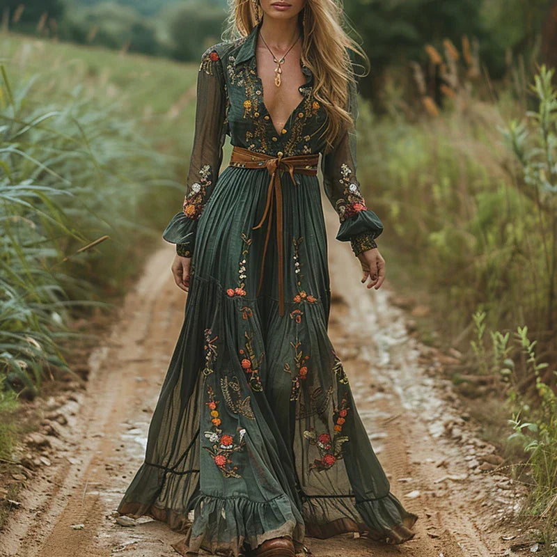 Sarah | Embroidered V Neck Maxi Dress
