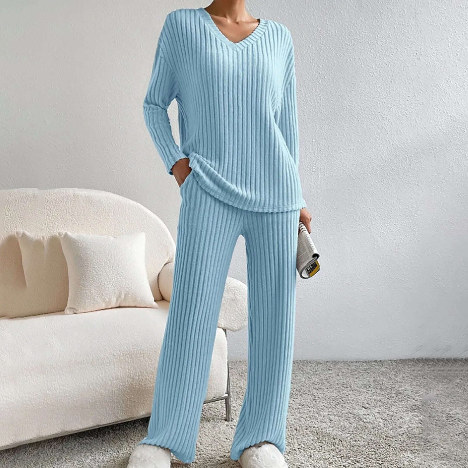 Sarah | Ribbed V-Neck Top and Wide-Leg Pant Set