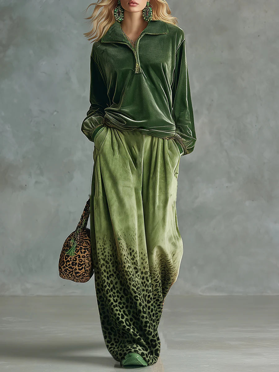 Elmont | Green Velvet Top & Leopard-Print Wide-Leg Pants Set