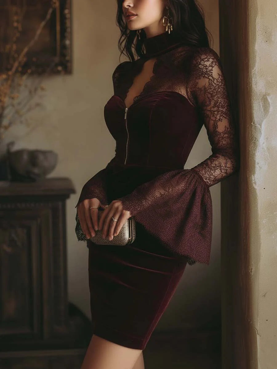 Elmont | Burgundy Velvet and Lace Bodycon Mini Dress