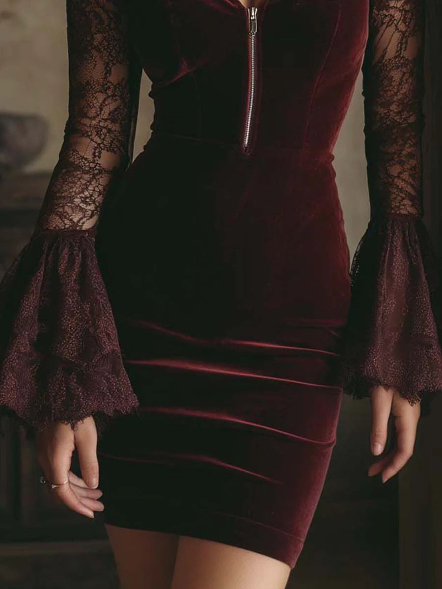 Elmont | Burgundy Velvet and Lace Bodycon Mini Dress