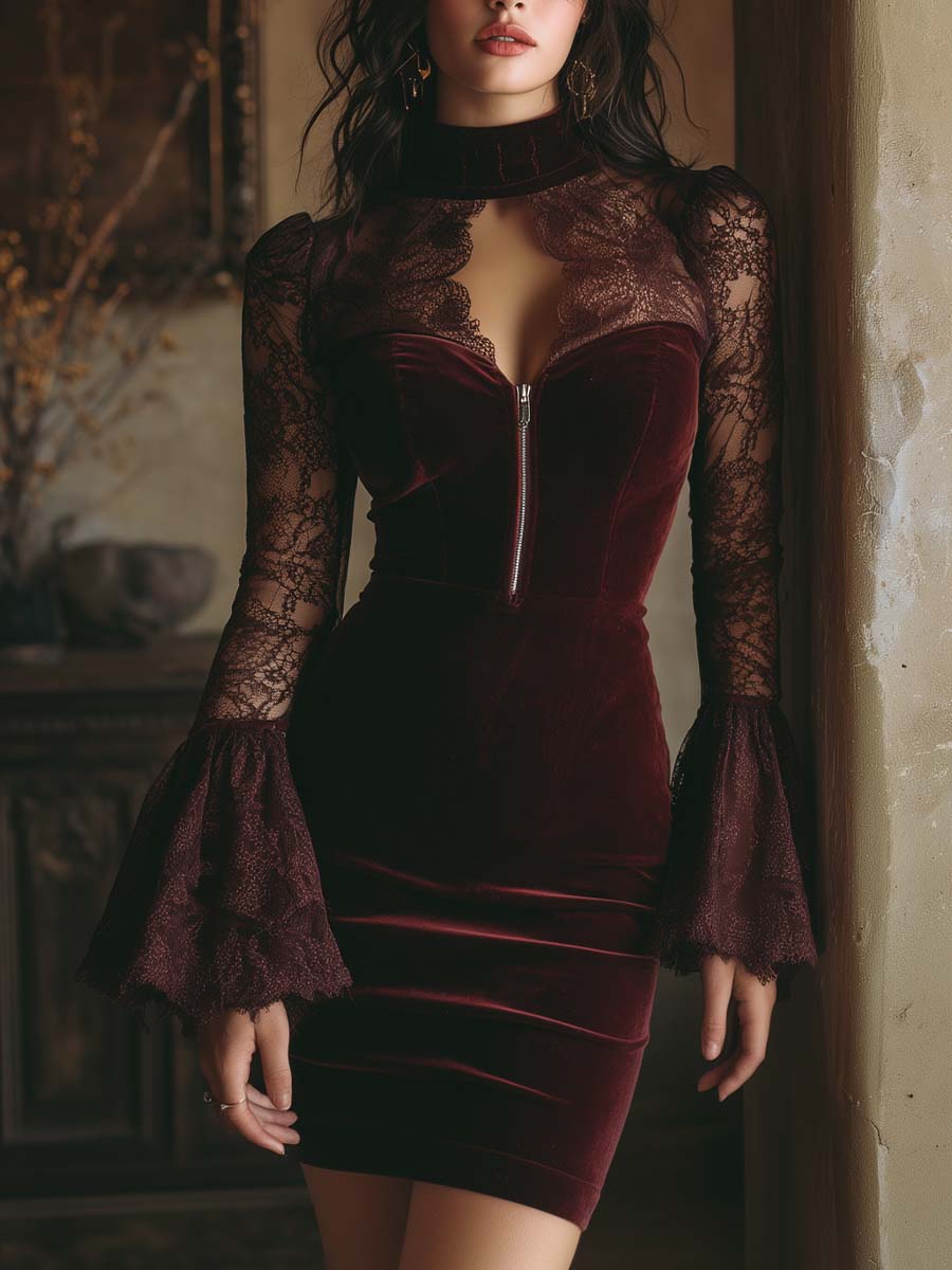Elmont | Burgundy Velvet and Lace Bodycon Mini Dress