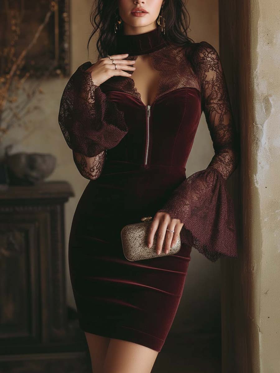 Elmont | Burgundy Velvet and Lace Bodycon Mini Dress