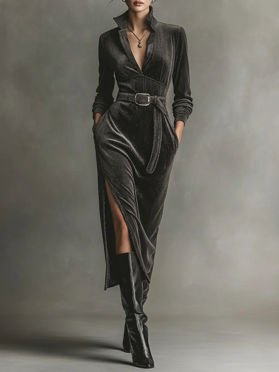 Elmont | Collared Corduroy Belted Midi Dress