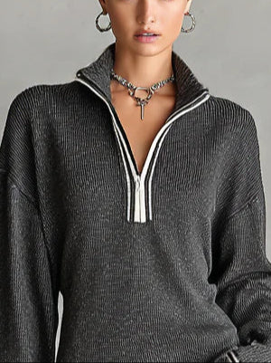 Elmont | Loose-Knit Zip Polo Mini Dress with White Trim