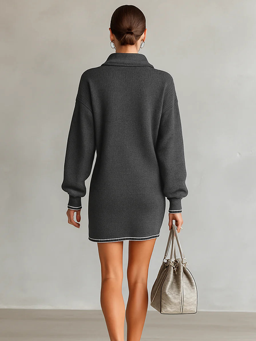 Elmont | Loose-Knit Zip Polo Mini Dress with White Trim