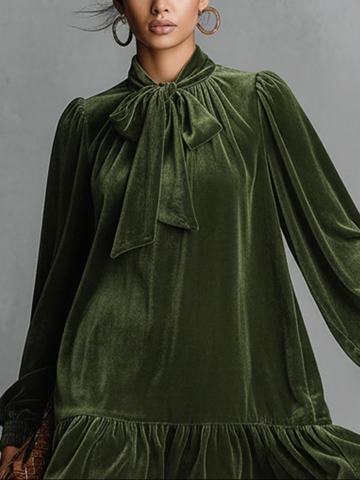 Elmont | Velvet Bow-Neck Long-Sleeve Mini Dress