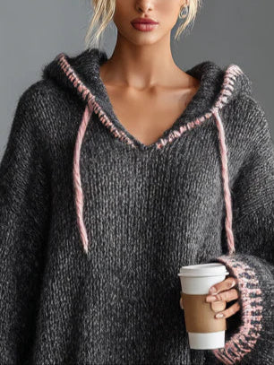 Elmont | Hooded Knit Mini Dress with Pink Trim