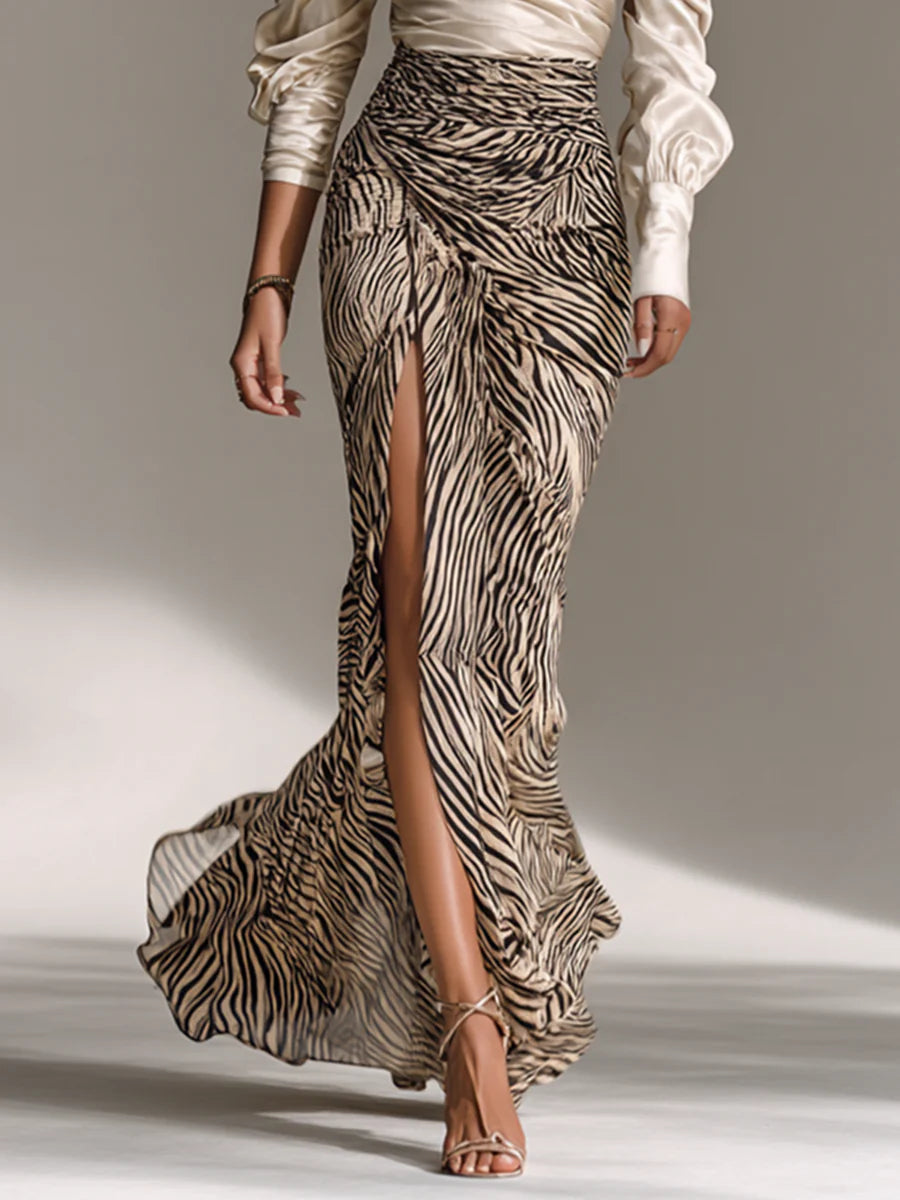 Elmont | Satin Off-Shoulder Top & Zebra-Print Slit Maxi Skirt Set