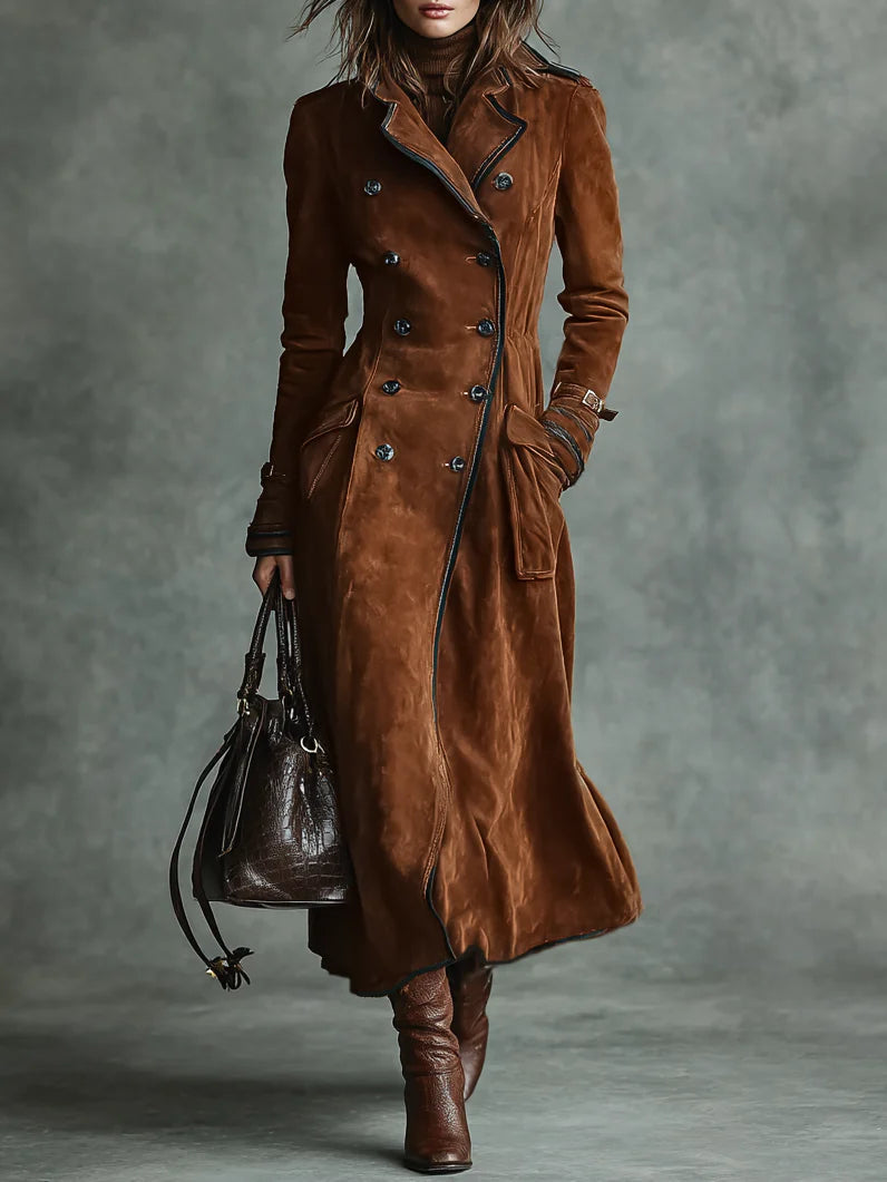 Elmont | Suede Double-Breasted Long Coat with Black Trim