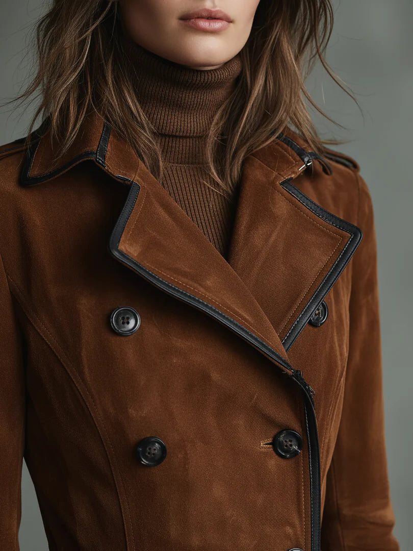 Elmont | Suede Double-Breasted Long Coat with Black Trim