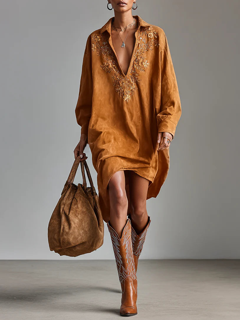 Elmont | Printed Lapel V-Neck Long-Sleeve Midi Dress