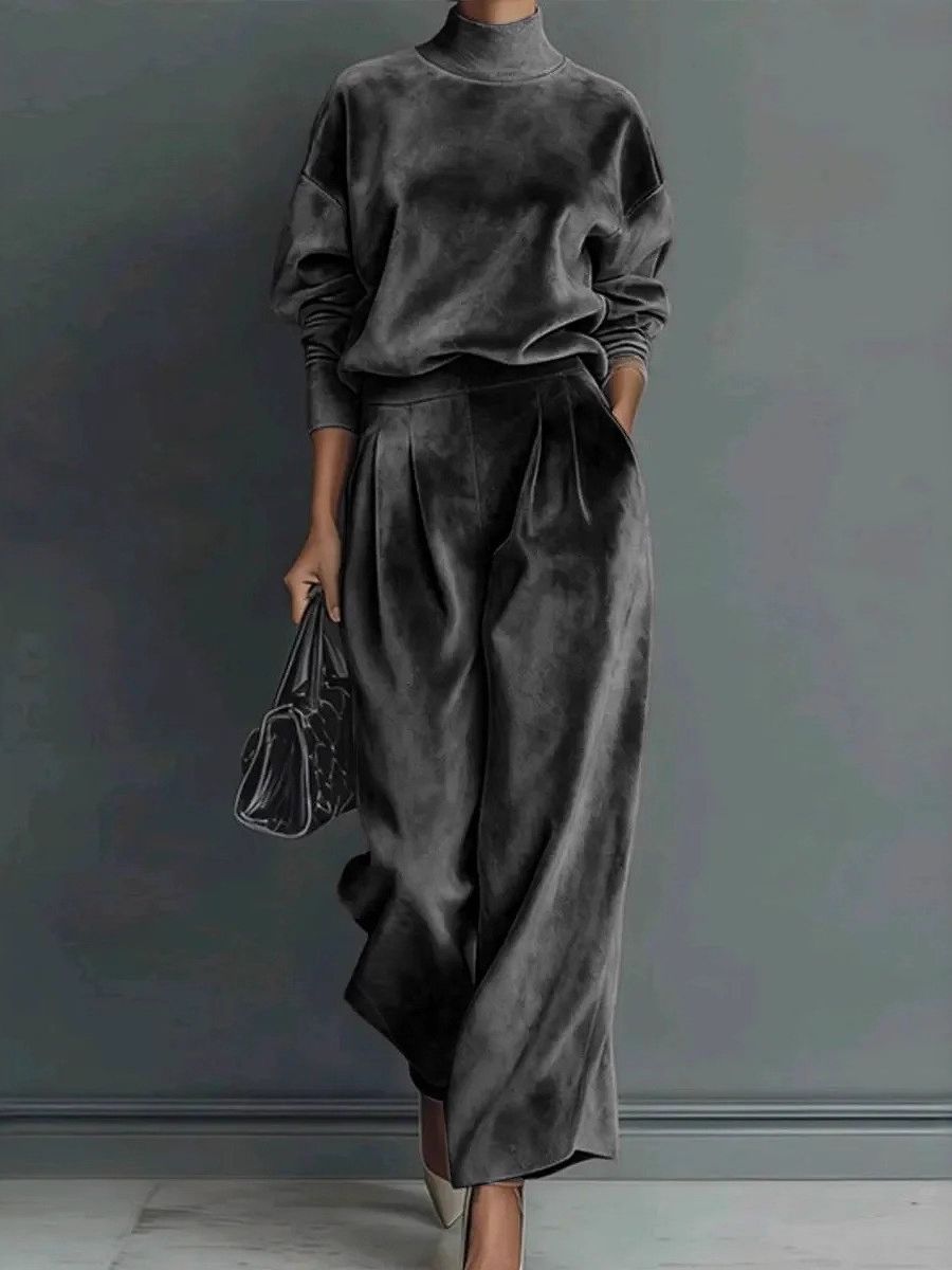 Elmont | Women's Dark Grey Velvet Turtleneck Lounge Set