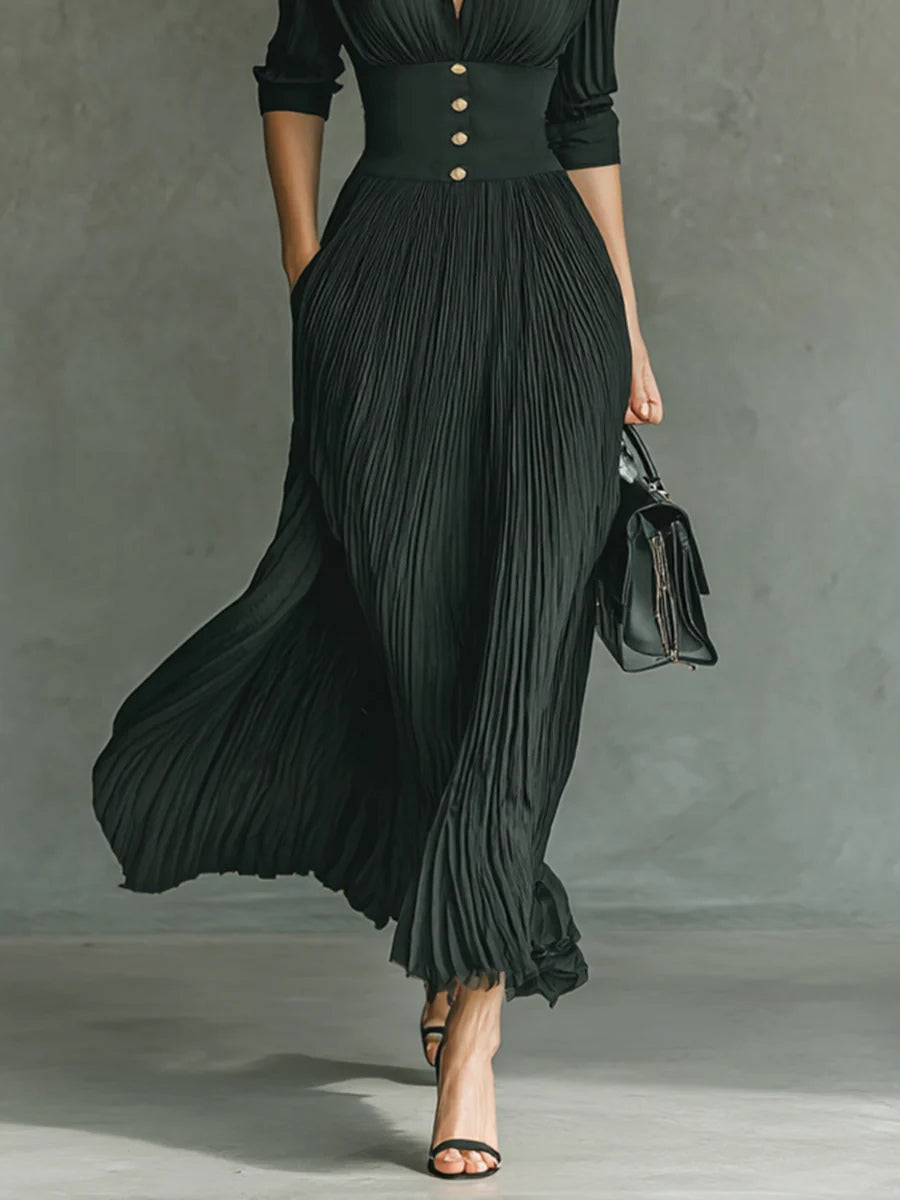 Elmont | Pleated Maxi Dress with Lapel Collar and Belted Waist